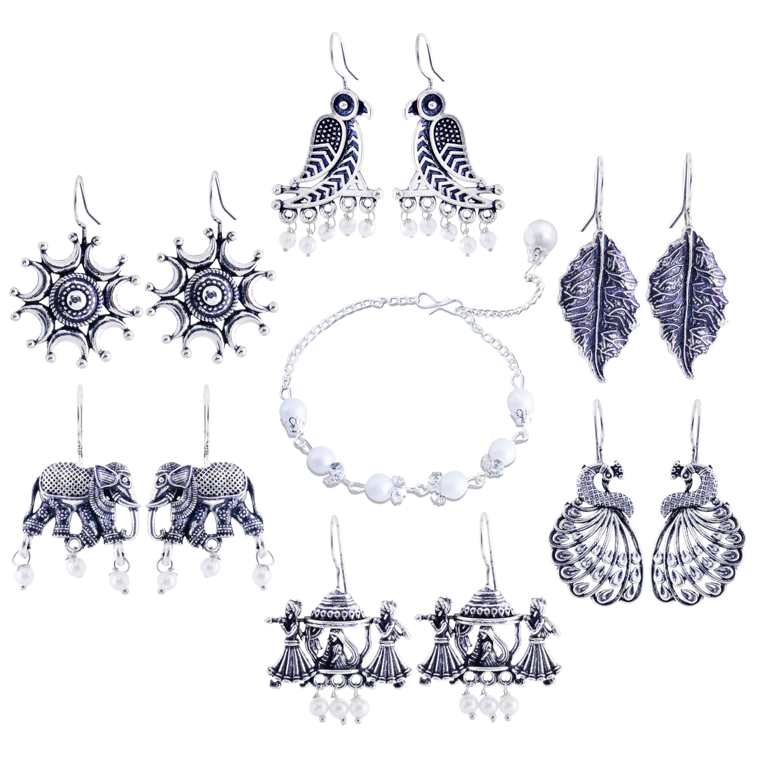 FUBS Jaipuri Oxidised Designer Earrings with Pearl Bracelet | Gift Set | Anniversary Gift | Birthday Gift for Girls & Womens - Pack of 6 (B0DCW8F89Z) Amazon Price History, Amazon Price Tracker