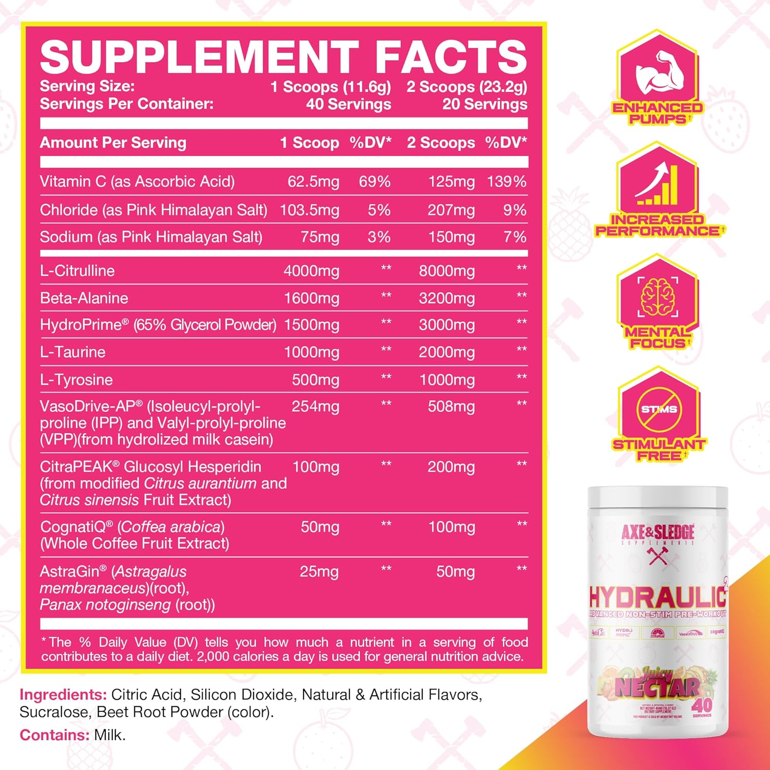 Axe & Sledge Hydraulic Stim-Free Pre-Workout Powder for Men & Women | Performance, Stamina, Focus, Pumps | L-Citrulline, Beta Alanine, Creatine, Caffeine-Free, Juicy Nectar