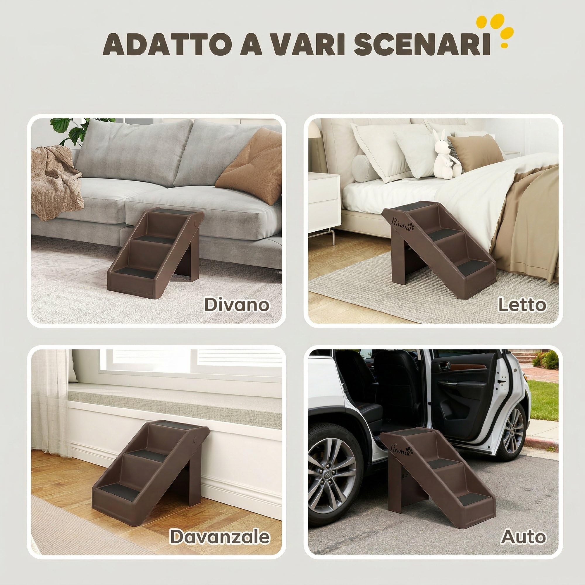 PawHut Scaletta per Cani e Gatti con 3 Scalini Antiscivolo, Scala per Cani Pieghevole con Capacità 10 kg, per Letti Alti e Divani, 53x30.5x36.5 cm, Marrone