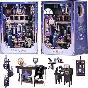 Spilay DIY Dollhouse Booknook Kit,Wooden Miniature Book Nook Dollhouse Kit Insert with LED Light and Dust Cover for Adults,Gifts for Family,Friends(Luna Tarot)