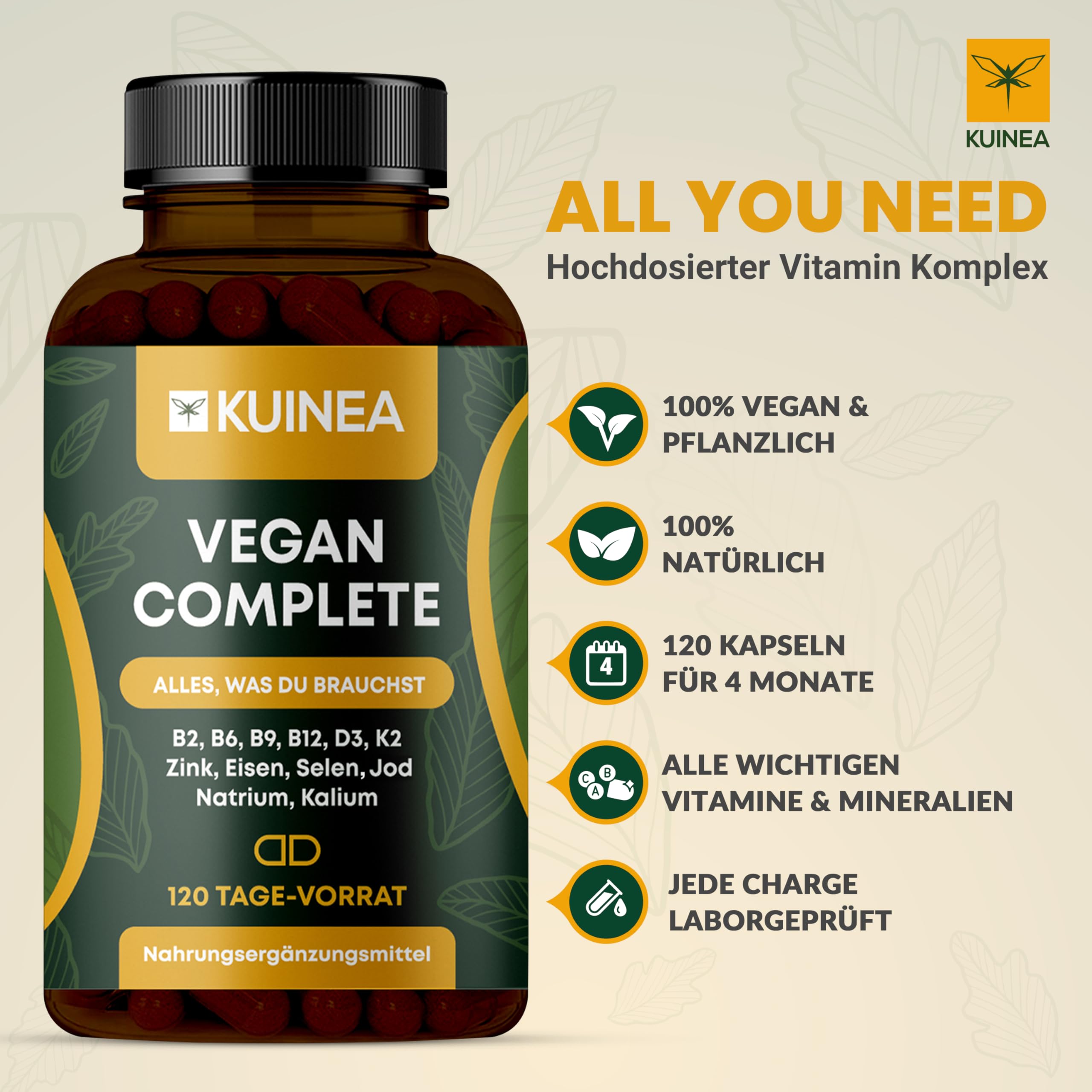 2x 120 Kapseln Vegan Complex - All in one Vitamine I 8-MONATS-VORRAT I Vitamin B12 Vegan+D3+K2+B2+B9+B6 + Zink + Eisen + Selen + Jod + Natrium + Kalium - Supplements