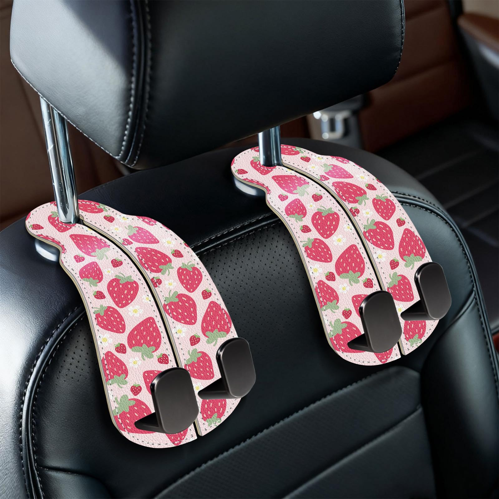 Blusabaca 2PCS Car Seat Back Storage Headrest Hooks, Cute Strawberry Purse Holder Bags Hanger, PU Leather Double Metal Hook for Backseat Organizer,