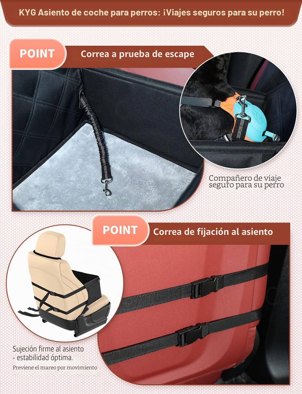 KYG Asiento de coche para perros – particularmente estable, impermeable, antideslizante y resistente a los arañazos para perros de talla pequeña – para pasajero y asiento trasero (negro)