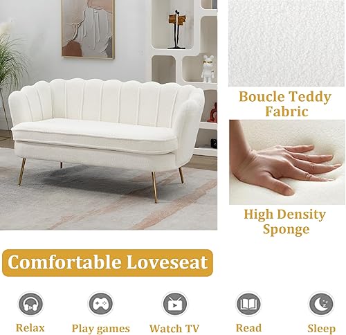 Miniatura 5 de NNOOTK Boucle Teddy - Sofá biplaza pequeño con patas de metal dorado, moderno sofá de 2 plazas de 59 pulgadas con respaldo de flores, sofá para sala