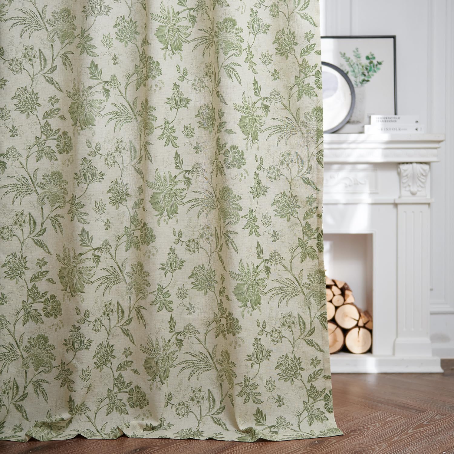 jinchan Linen Floral Curtains for Living Room, 84 Inch Length Curtains with Printed Flower Light Filtering Curtains, Rod Pocket Back Tab Green Window Curtain Set Bedroom Curtains, 2 Panels Green