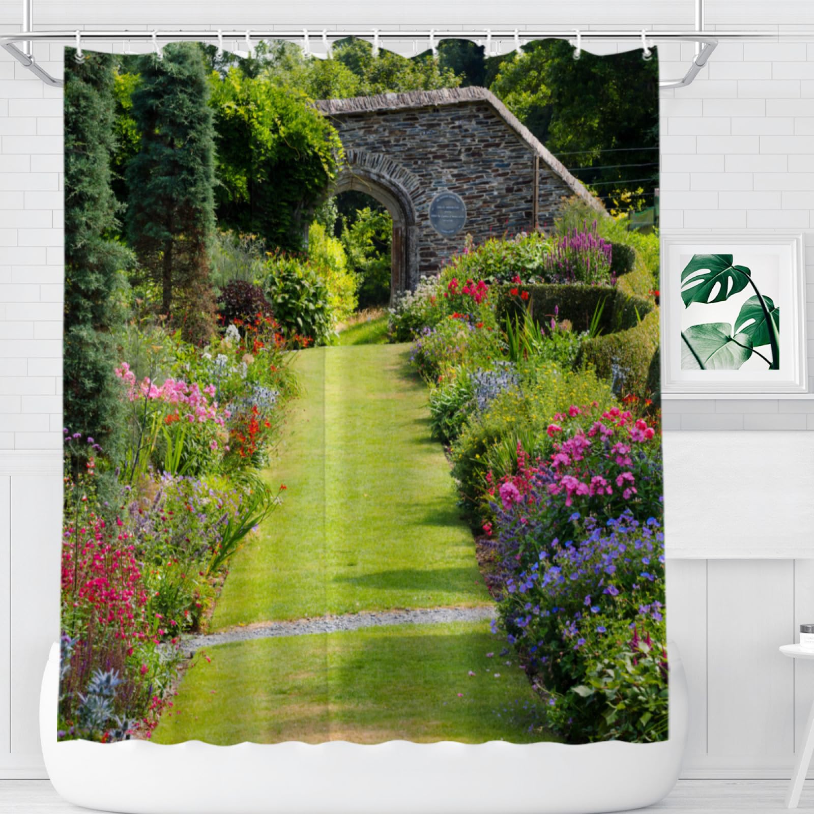 Abaysto Color 6 Garden Shower Curtain - Waterproof Bathroom Bathtub Curtain, Polyester Fabric, Green Scenery Floral Pattern, 180X180cm