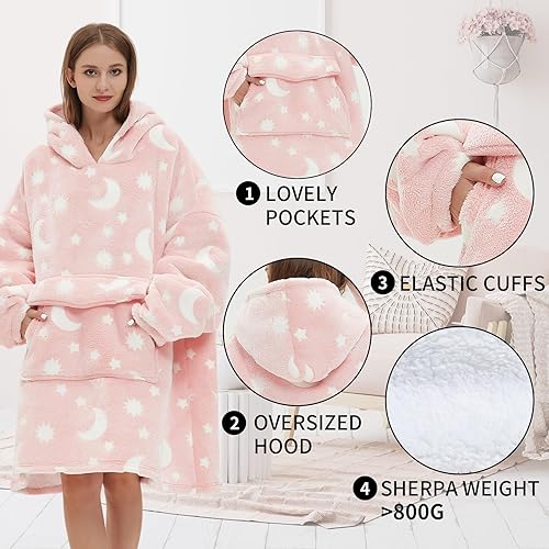 Miniatura 4 de Fiosnow Manta con capucha que brilla en la oscuridad con capucha de estrellas y luna para mujeres y hombres adultos de forro polar Sherpa de gran