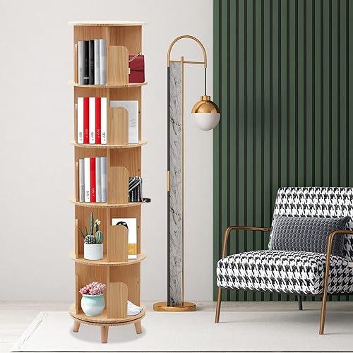 Miniatura 7 de Estantería giratoria de 360, estante apilable de madera maciza de 5 niveles, estante de almacenamiento de pie para sala de estar, estudio y oficina