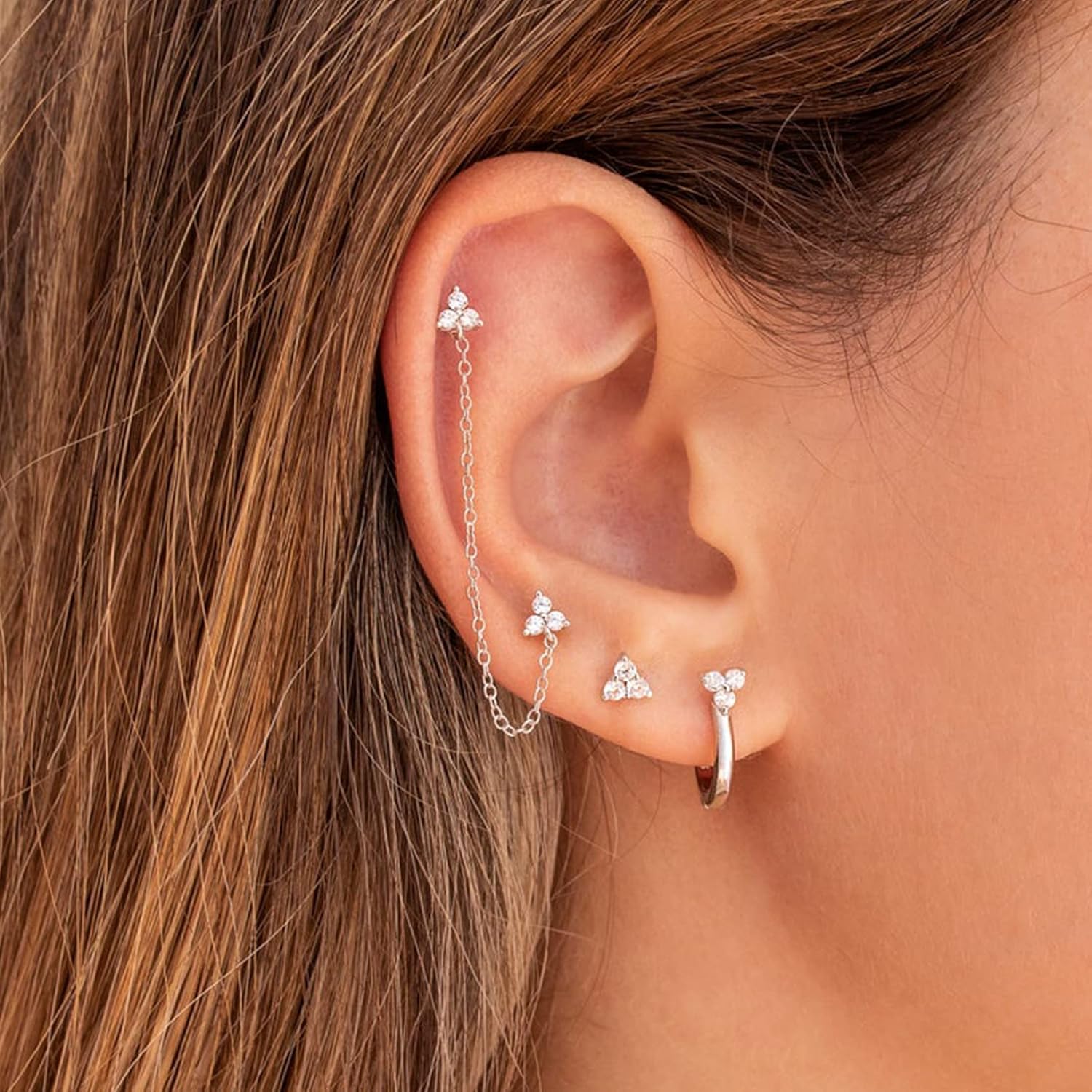 EPIRORA Sterling Silver Stud Earrings for Women- 3 Pairs Hypoallergenic White Gold Plated Small Cubic Zirconia Flower Cartilage Earring Set (3mm/4mm/5mm) - Image 4