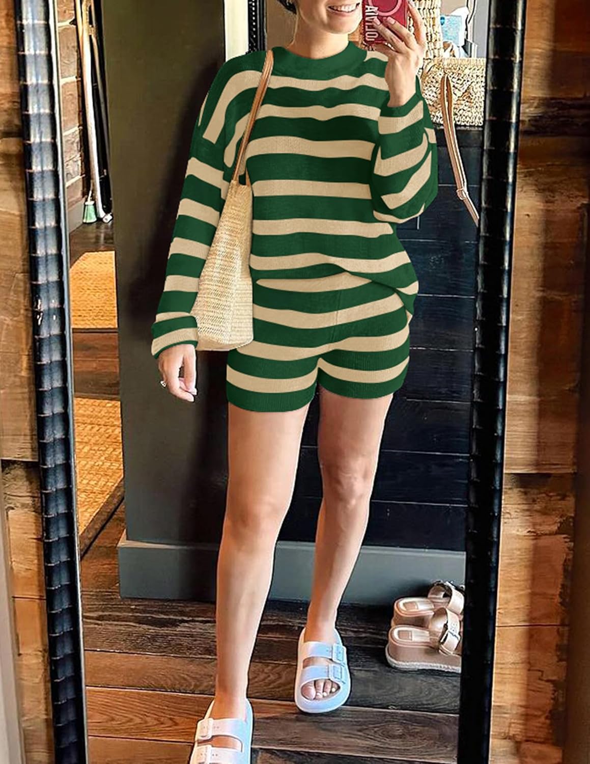 ZESICA Striped Lounge Sets for Women Fall 2026 2 Piece Oversized Outfits Long Sleeve Tops and Shorts Sweater Pajama Set - Image 6