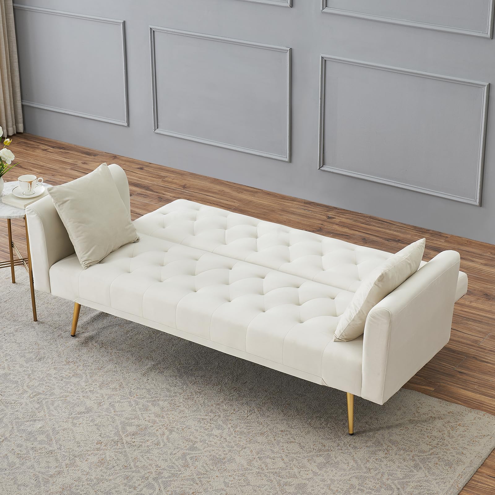 71" Modern Velvet Sofa Bed Futon, Convertible Sleeper Couch, Adj. Backrest | Tufted Recliner Loveseat Design with Golden Chrome Legs & 2 Pillows, Perfect for Small Spaces, Living Room, Apartment