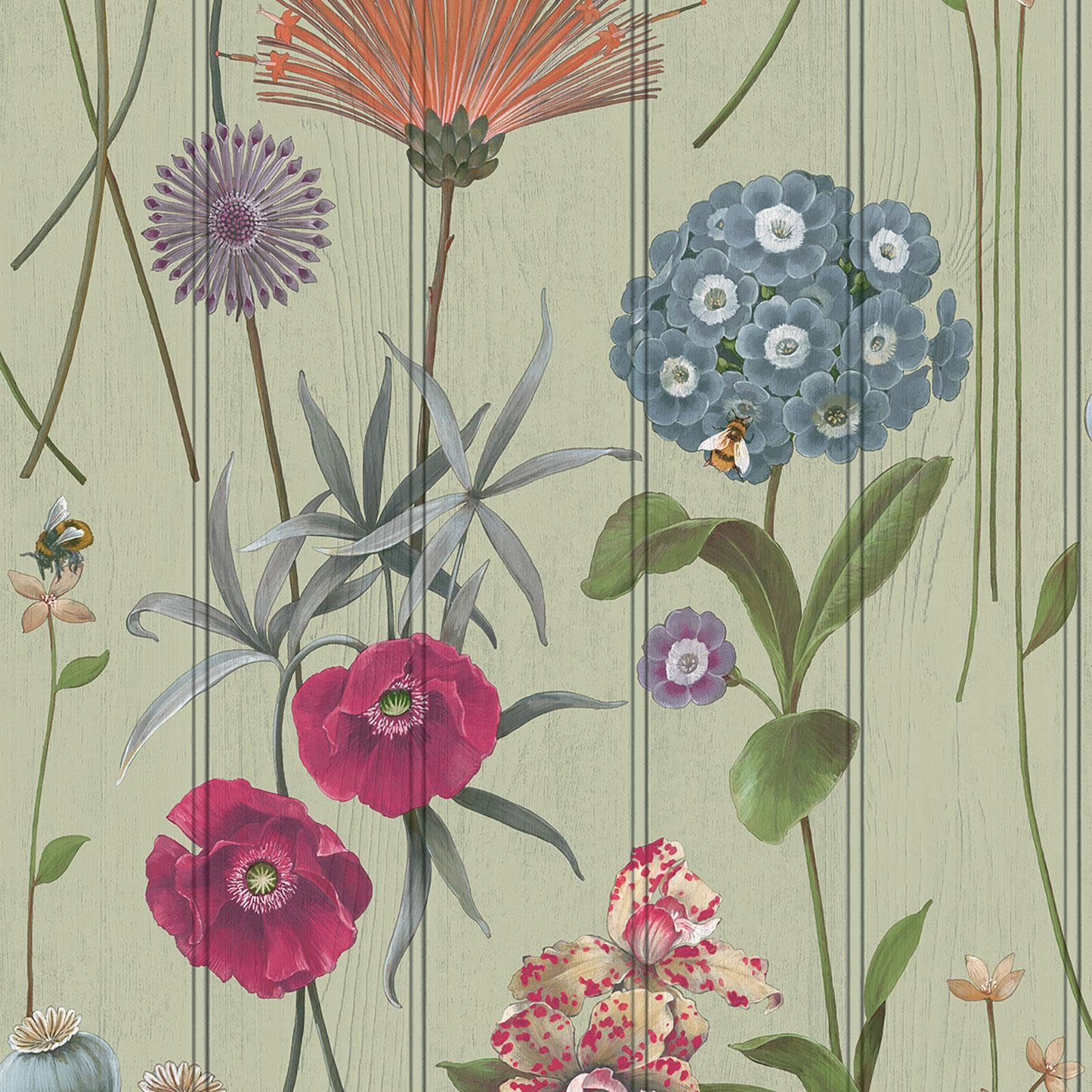 Botanist Floral Flower Themed Wallpaper on Wood Panel Effect Background Perfect for Dining Rooms, Bedrooms, Cottage Style Sage Green Belgravia 4773