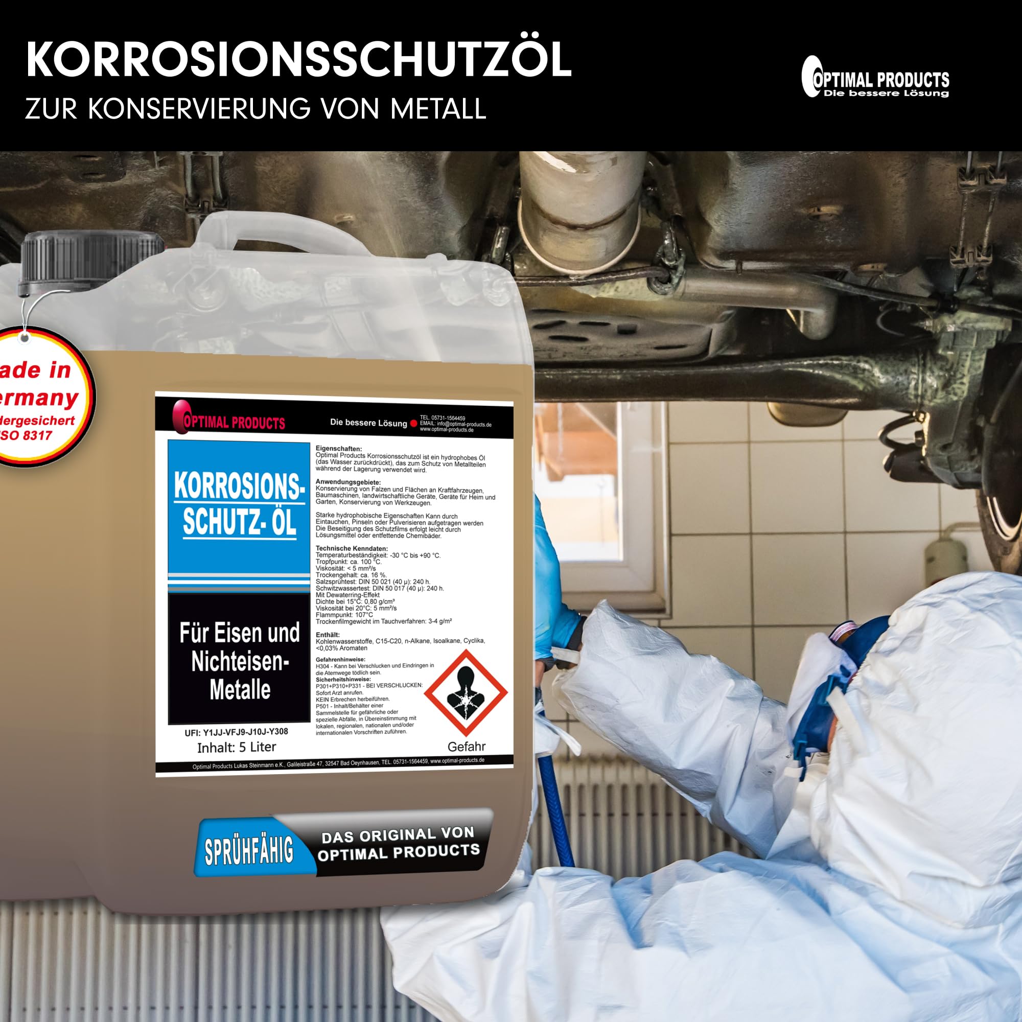 Optimal Products Korrosionsschutzöl 5l I Sprühöl Korrosionsschutz mit rosthemmender Wirkung I Bildet fest haftenden wasserabstoßenden Film I Schmieröl