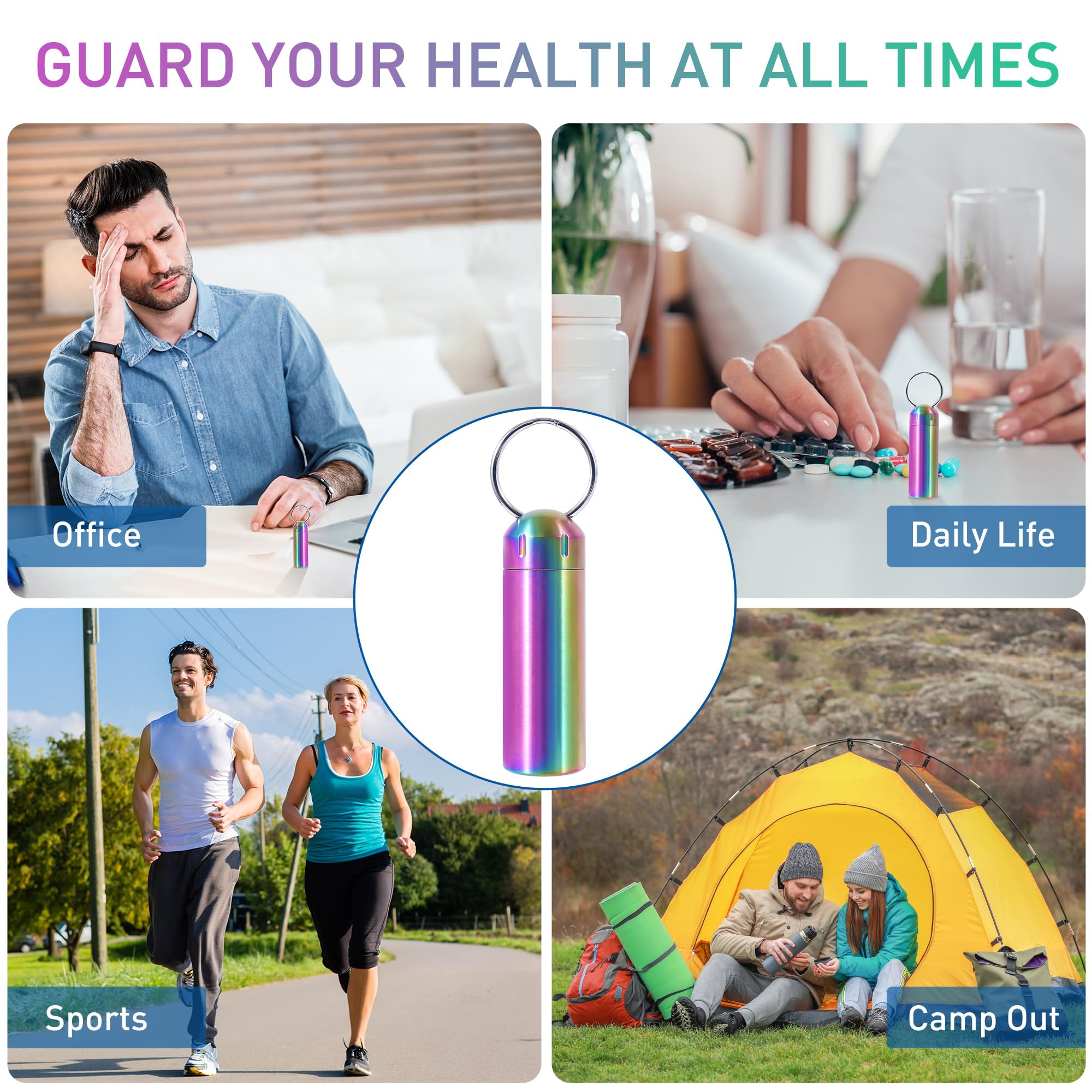 VTAR Llavero pastillero de acero inoxidable, paquete de 2 pastilleros de metal de emergencia | Pastillero impermeable para nitro, vitaminas, auriculares, Twist Top, mini para viajes, EDC, al aire libre, color arcoíris