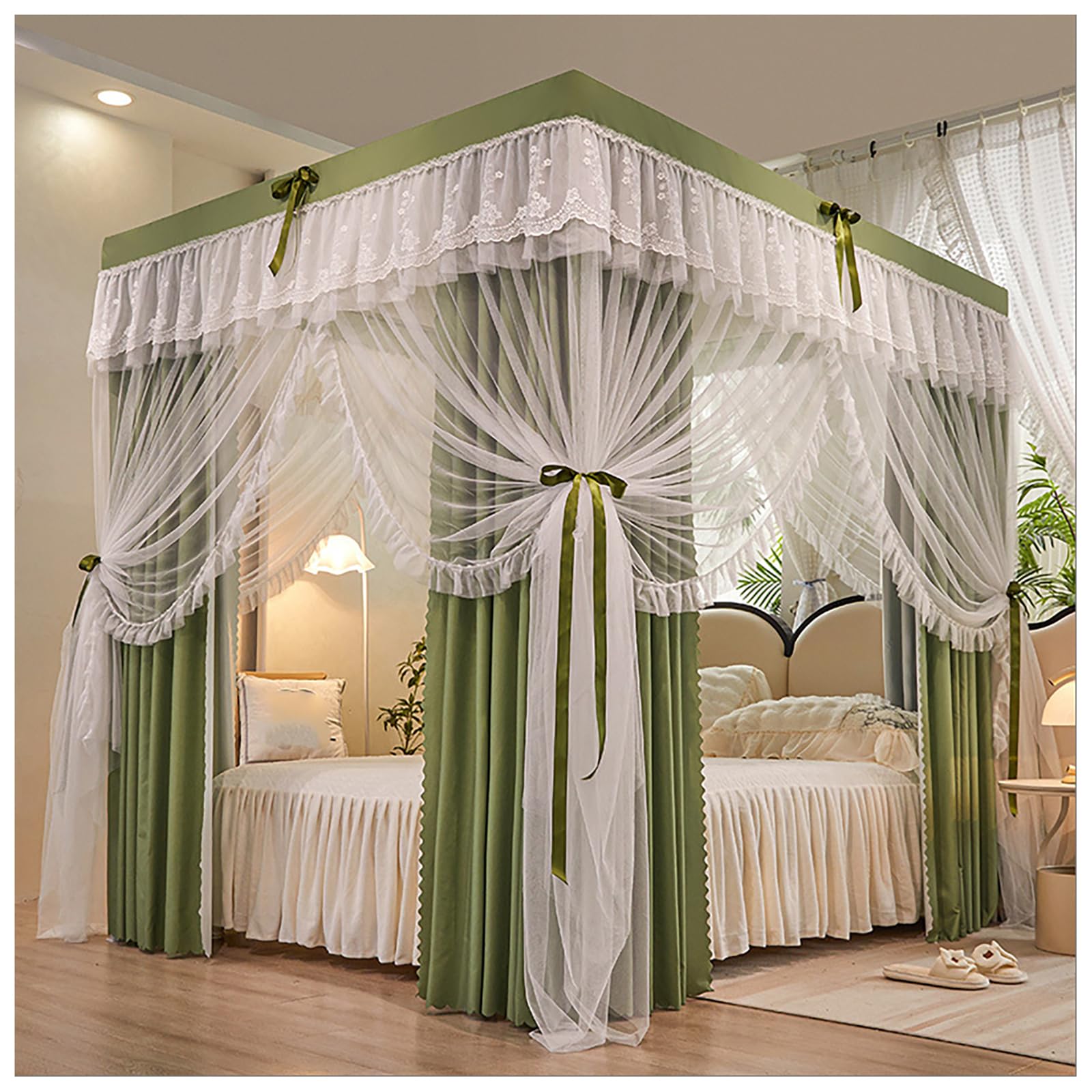 DOUZIO 4 Poster Bed Canopy with Frame – Princess Canopy for Girls Bedroom Decor, Mosquito Net Bed Canopy Set with Curtains, Fits Double/King/Super King Size Bed(Size:180×220cm,Color:Green)
