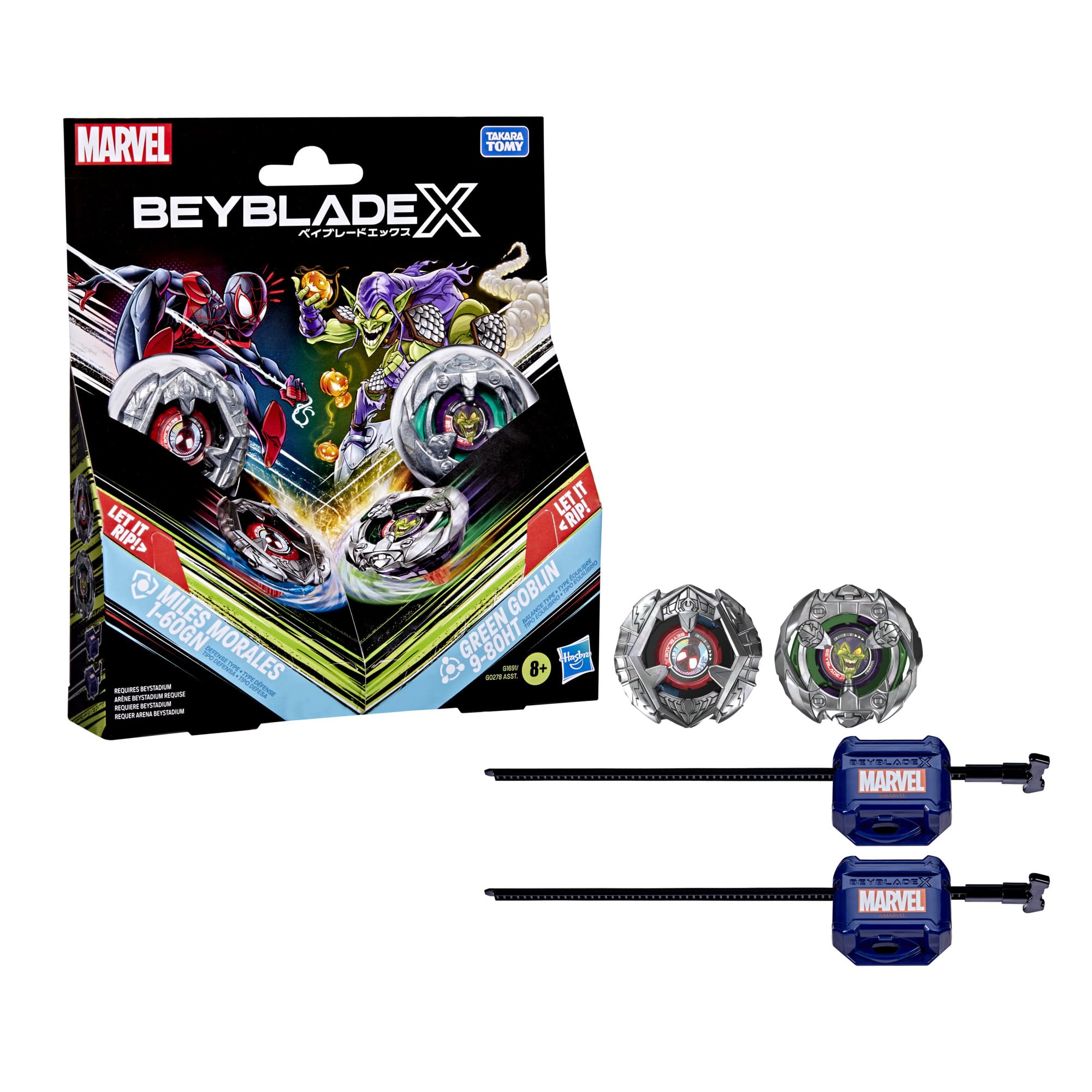Hasbro Beyblade X in collaborazione con Marvel, Miles Morales 1-60GN vs. Green Goblin 9-80HT