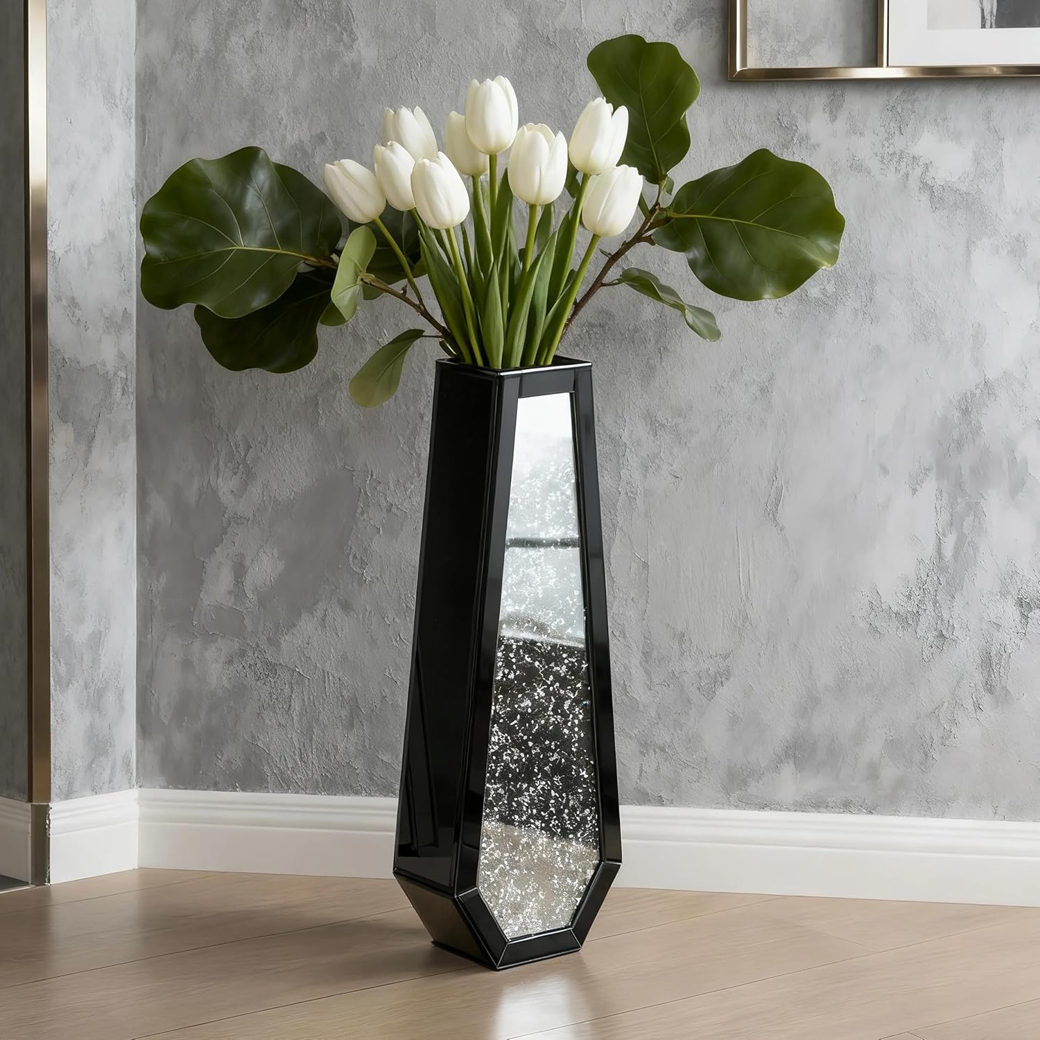 SHYFOY 24" Black Floor Vase, Black Crushed Diamond Tall Vases for Floor, Elegant Black Crystal Glass Vase for Pampas Grass Mirrored Decorative Flower Vase for Office Home Decor