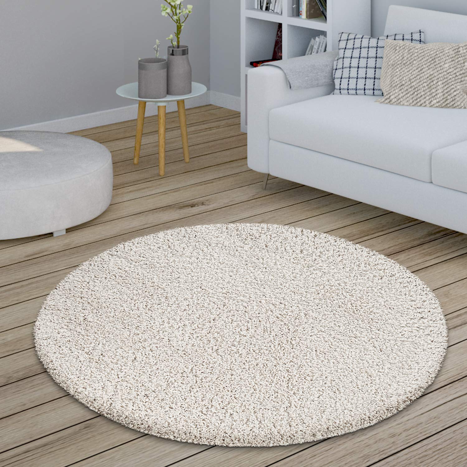Alfombra Salón Redonda Pelo Largo Shaggy Dormitorio Mullida Moderna Pasillo Uni, tamaño:Ø 160 cm Redondo, Color:Crema