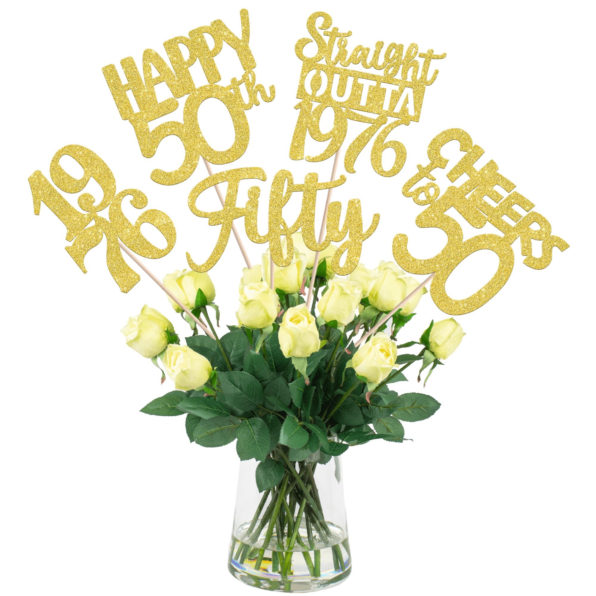 15 PCS 50th Birthday Centerpiece Sticks Fifty Happy 50th Straight Outta 1976 Table Flower Centerpieces Sticks Cheers to 50 Floral Decorations for 50th Birthday Party Centerpieces Supplies Gold