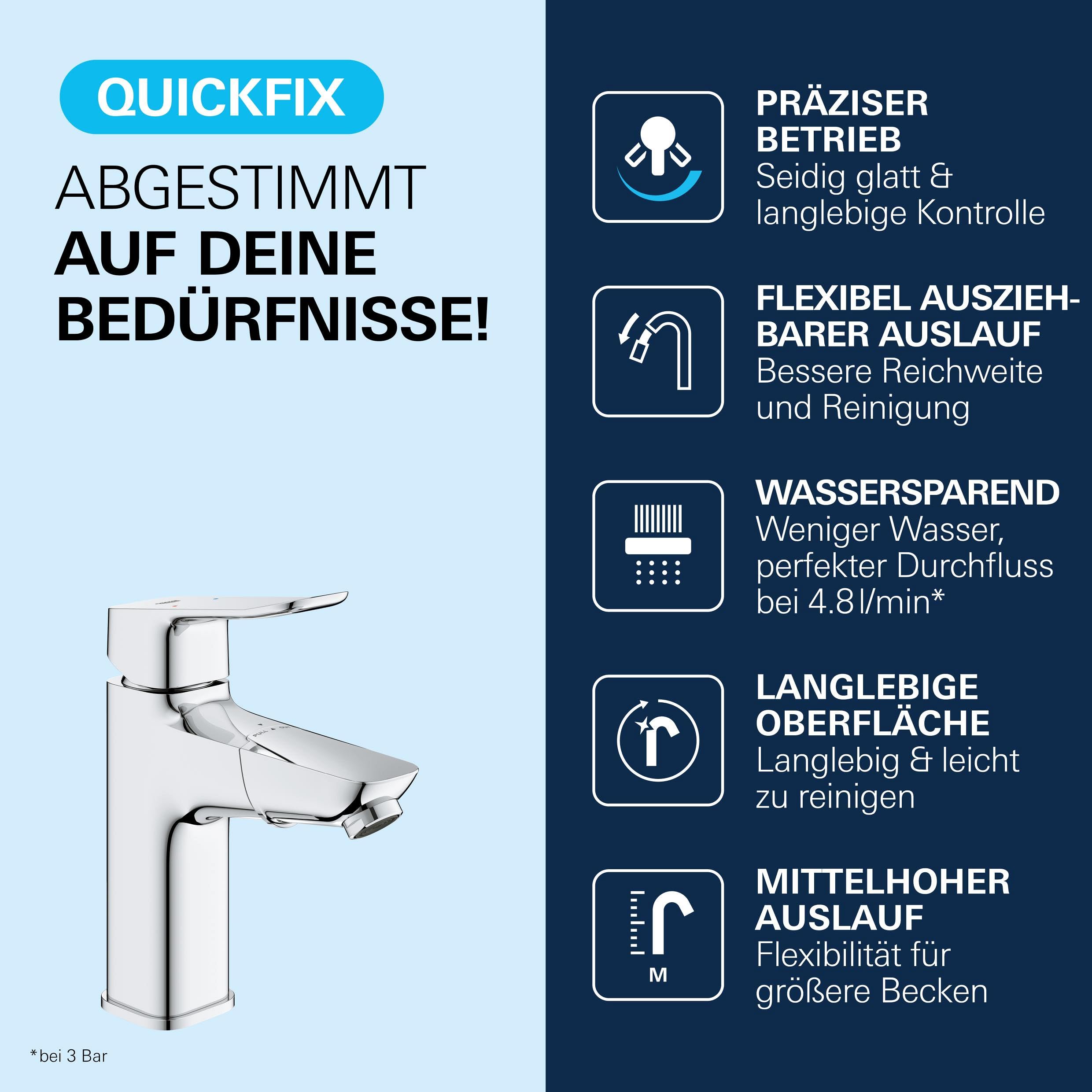 GROHE Dice, Badarmatur für Familien, wassersparend (herausziehbarer Wasserhahn für das Bad, mit Pop-Up Ablauf, 19cm hoch, mit 3in1 Werkzeug, einfache Installation am Waschbecken), chrom, 1018680000