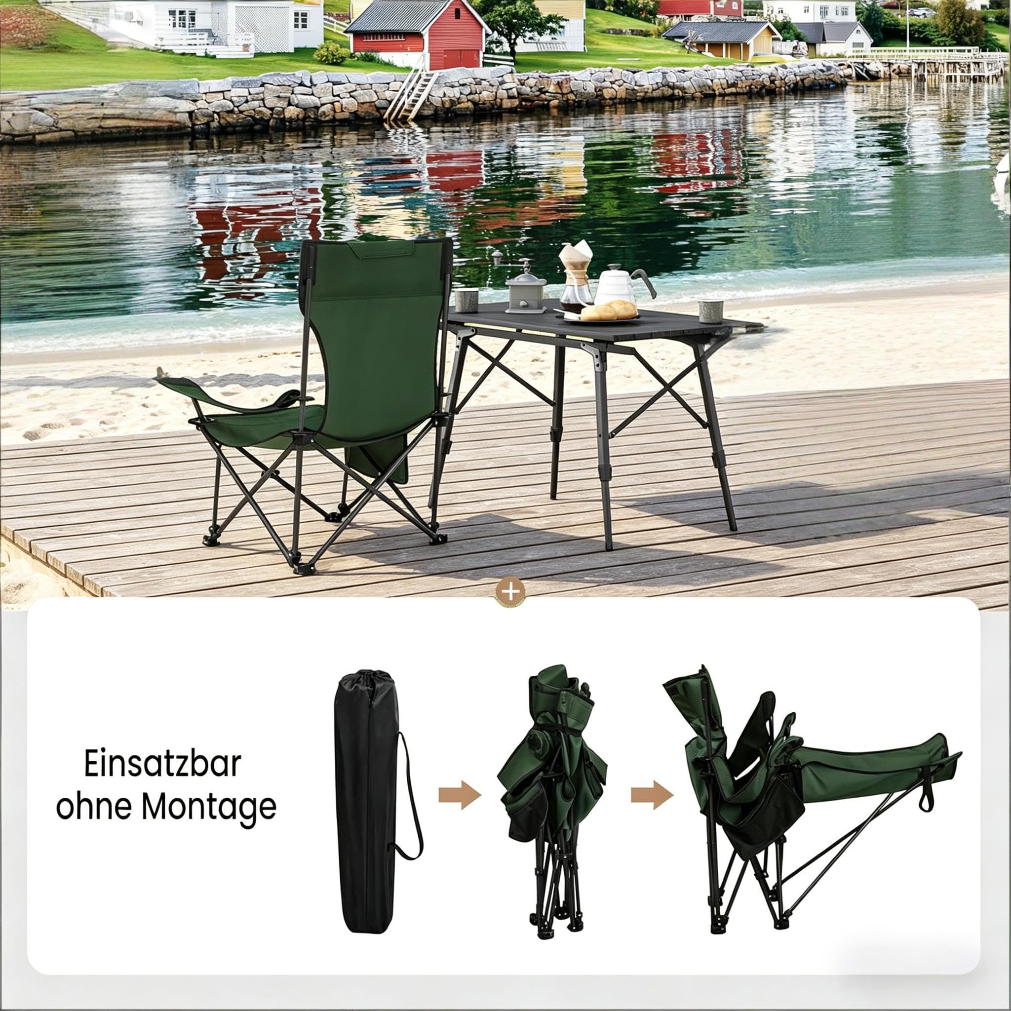 vutizal Ergonomiczne krzesło składane z wysuwanym podnóżkiem, przenośne krzesło kempingowe do wędkowania i relaksu, wygodny leżak na plażę, do ogrodu i na balkon, stabilne do 150 kg