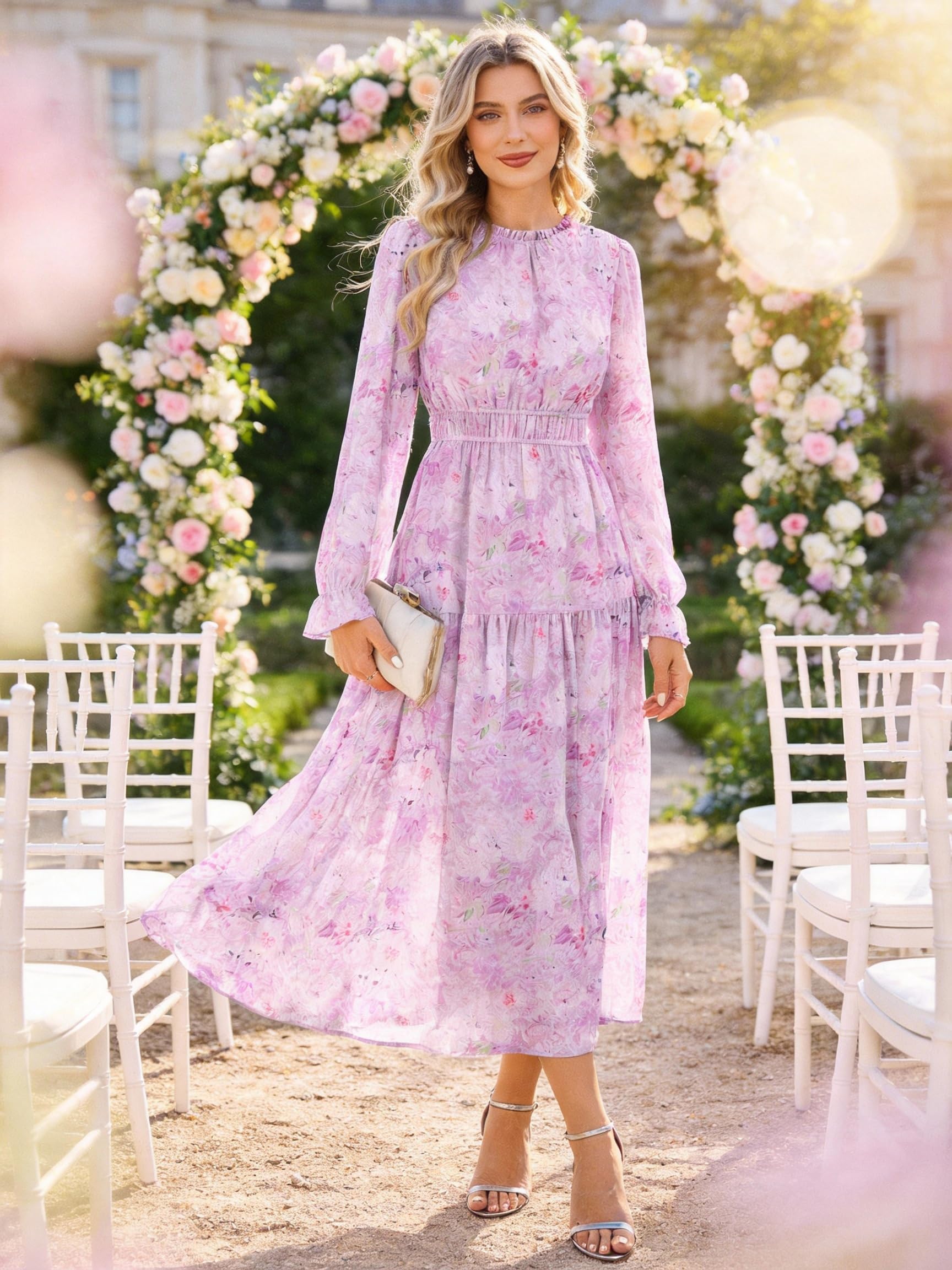 GRACE KARIN Kleid Damen Sommer Langarm A Linien Blumen Chiffon Maxikleid | Hochzeitsgast Kleid Elegante Rundhals Ausschnitt Festlich Party Cocktail Abendkleid Lang
