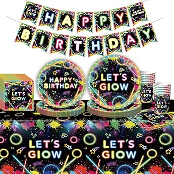 Glow Neon Party Tableware Set Birthday Party Tableware Neon Glow in the Dark Paper Tableware for Teenagers Birthday Party Supplies Halloween Colour-1