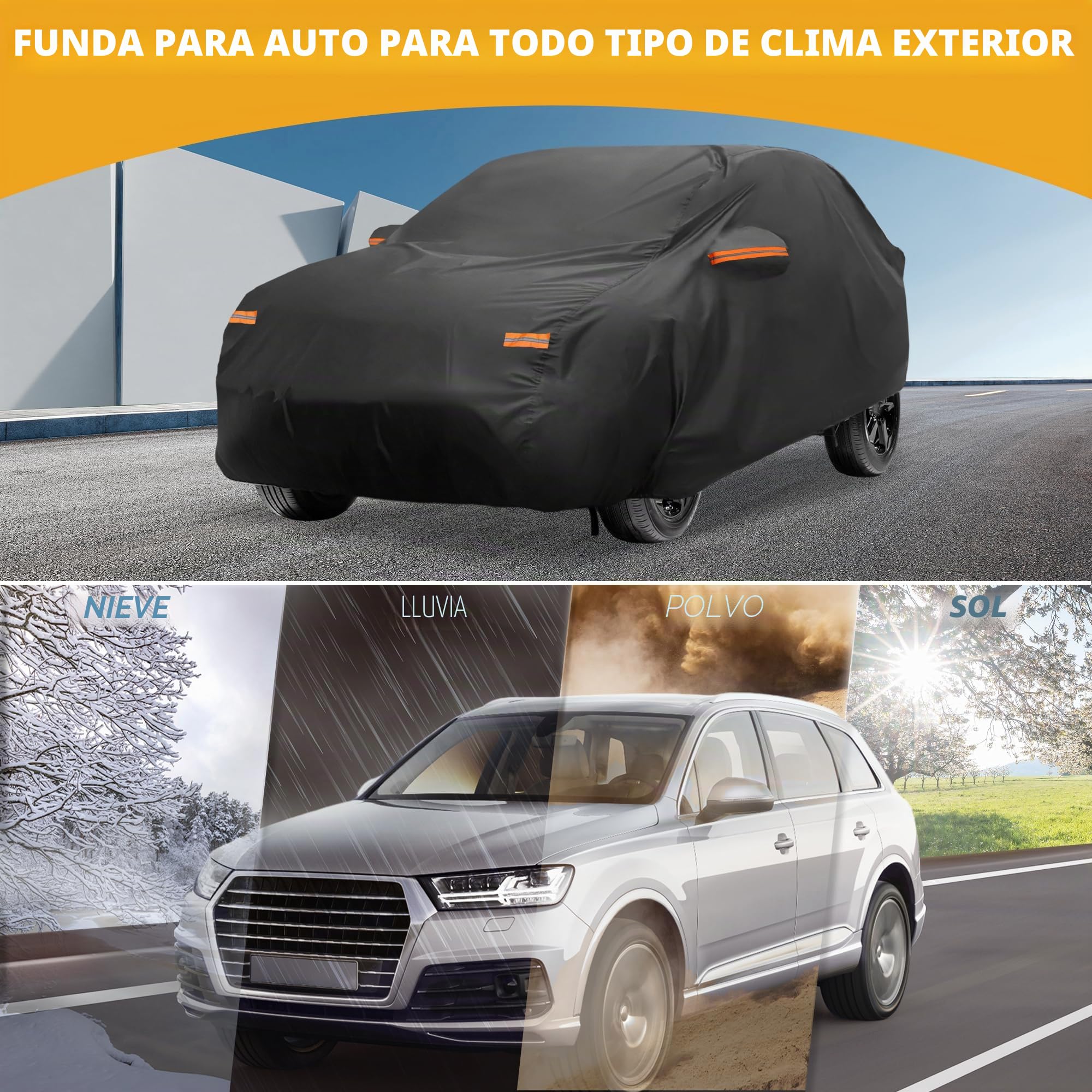 Funda De Coche Impermeable Anti-UV para Ford Puma 19-23 1Pc | 190T-Pu, Negro, 425X180X140Cm, Impermeable, Anti-Uv, Todo Clima, Cremalleras, Cuerda Elástica, Franjas Reflectantes