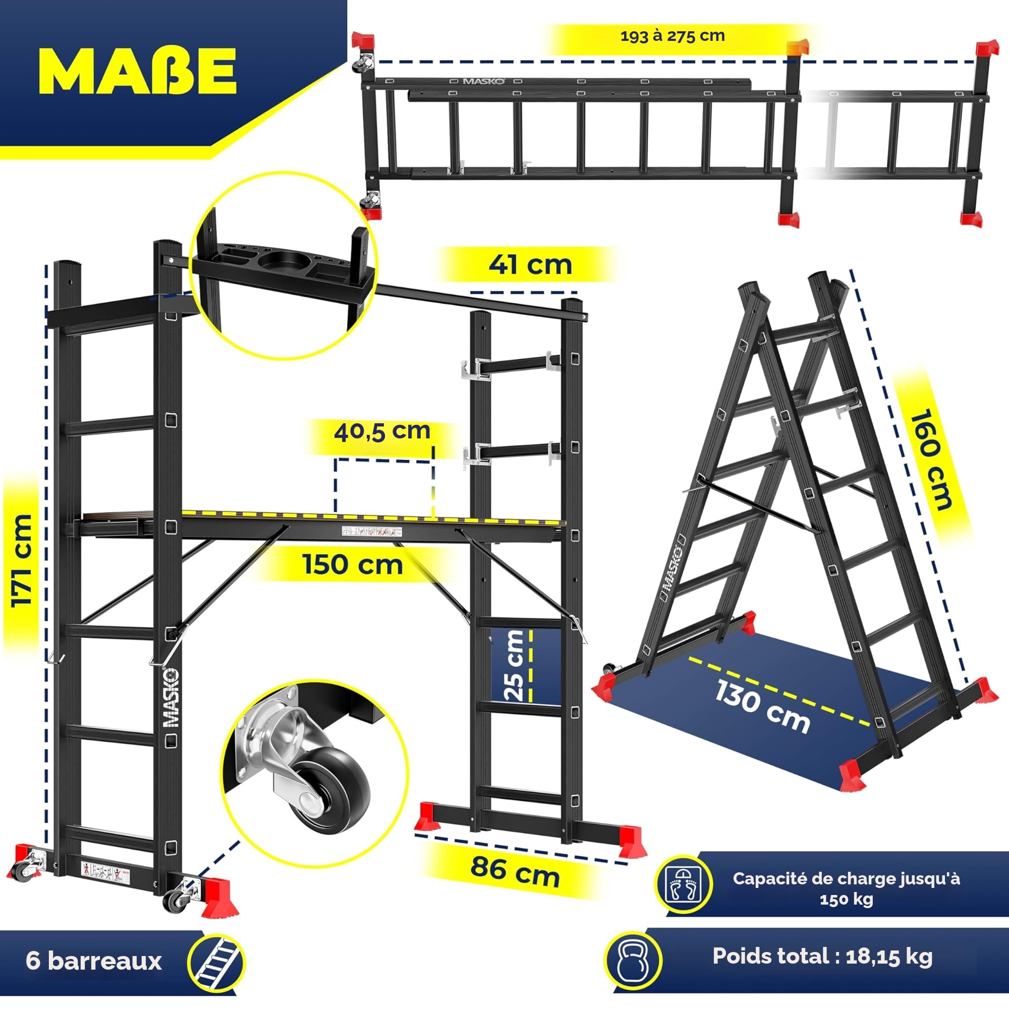 Masko® Echafaudage de Construction en Aluminium, Cadre en Aluminium, échelle, Cadre de Plate-Forme de Travail, jusqu'à 150 kg, revêtement antidérapant, échelle d'échafaudage, certifié GS (en 131)