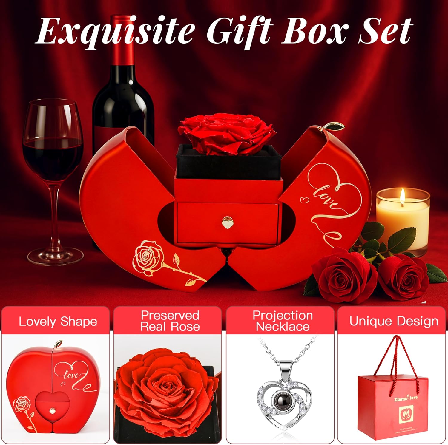 Preserved Real Rose with I Love You Necklace 100 Languages - Romantic Gift for Her, Wife, Mom | Valentine's, Christmas, Mother's Day, Anniversary | Eternal Rose Gift Box (Red) - Image 4