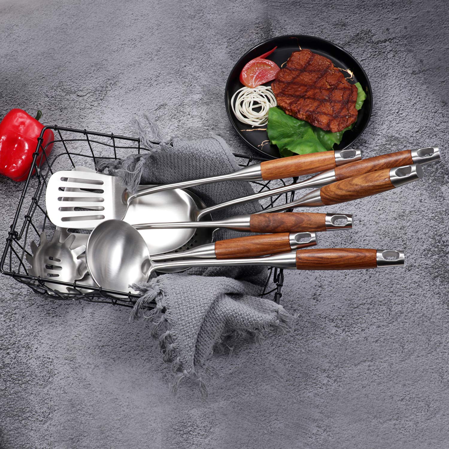 IQCWOOD - Set di utensili da cucina, 5 pezzi, in acciaio inossidabile, gadget da cucina, set di utensili da cucina, set di utensili da cucina, regali di inaugurazione della casa