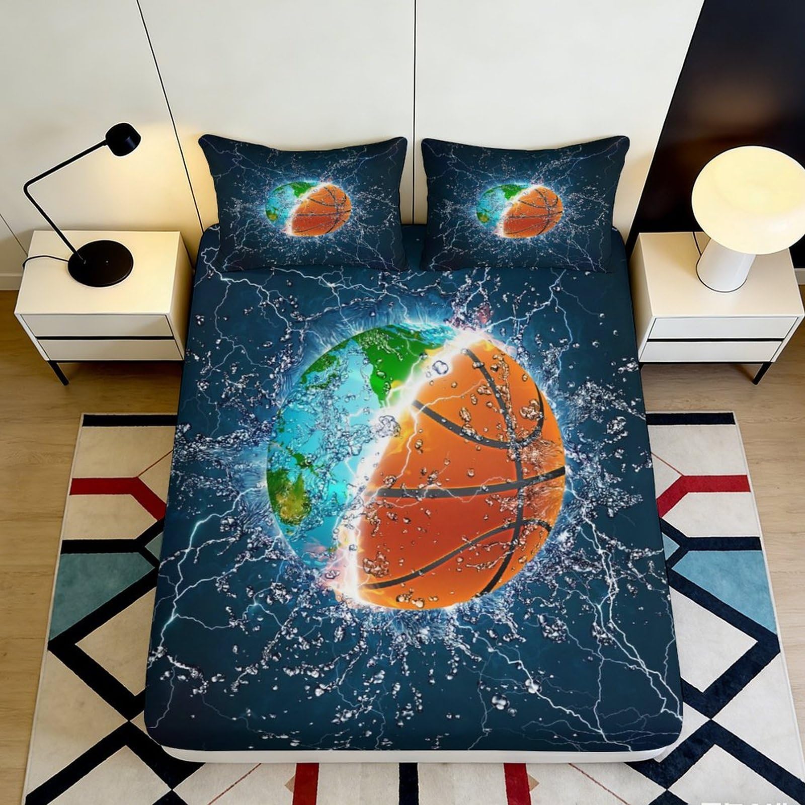 3D Printed Basketball Court Fitted Sheet Microfiber Deep Pocket Elastic Hem Basketball Mattress Fitted Cover Washable Bedroom Bedding 200x200x25cm 90x200x25cm
