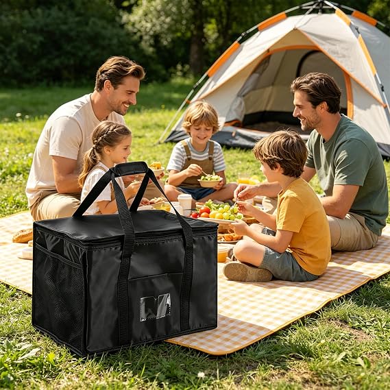 21L 40L Insulated Reusable Grocery Shopping Bags, Black Food Delivery Cooler Bag for Groceries, Thermal Bags for Cold Hot, Collapsible Heavy Duty Food Warmer Tote Bag for Camping Picnic