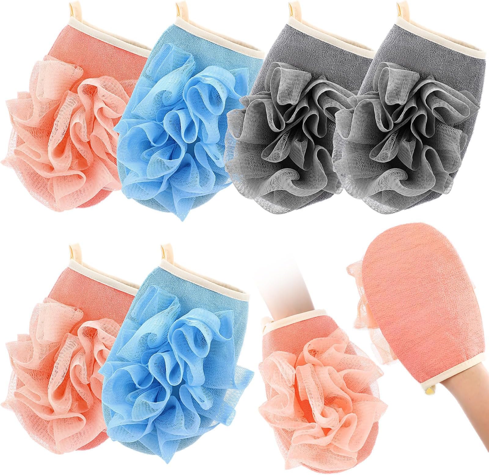 6 Pcs Bath Shower Pouf Sponge, 2-in-1 Exfoliating Mitt Glove & Mesh Loofah, Double-Sided Body Scrubber for Deep Cleansing, Soft Bath Puff with Hanging Loop, Gray Pink Blue