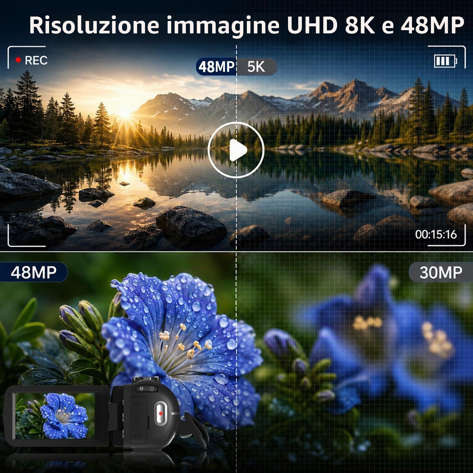 VETEK Videocamera 8 K, 48 MP, UHD, WiFi, visione notturna a infrarossi, per YouTube, zoom digitale 18x, schermo LCD da 3", fotocamera digitale con microfono, scheda SD da 32 G, telecomando e 2