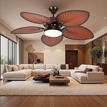 DWVO 46" Tropical Ceiling Fan with Light & Remote, LED Tri-Color Temperature, 5 Blade Ceiling Fans Reversible 6 Speeds w/Quiet DC Motor, 6'' & 12'' Downrods for Bedroom, Living Room, Patio, Porches