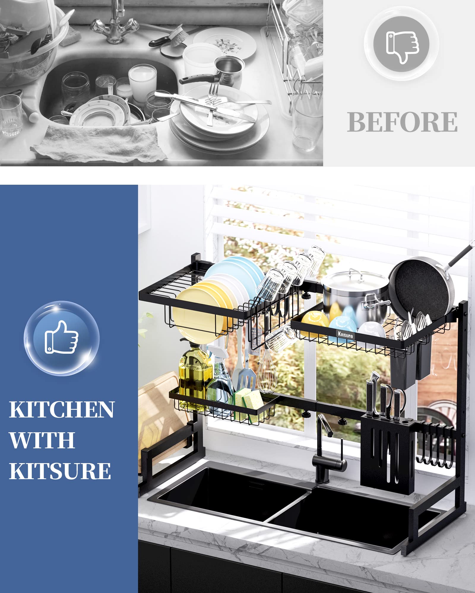 Kitsure Dish Drying Rack - Adjustable & Space-Saving Dish Rack??ê29.5-35.5in??ë, Over-The-Sink Dish Drying Rack, Multifunctional Kitchen Dish Drying Rack, Stainless Steel Dish Drying Rack, White2