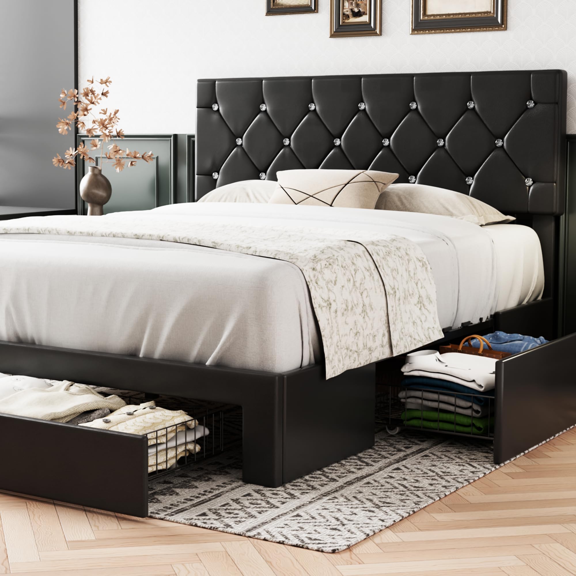 VECELO Queen Size Bed Frame with 3 Storage Drawers, Leather Upholstered with Diamond Tufted Headboard, Solid Wood Slat Support, No Box Spring Needed,