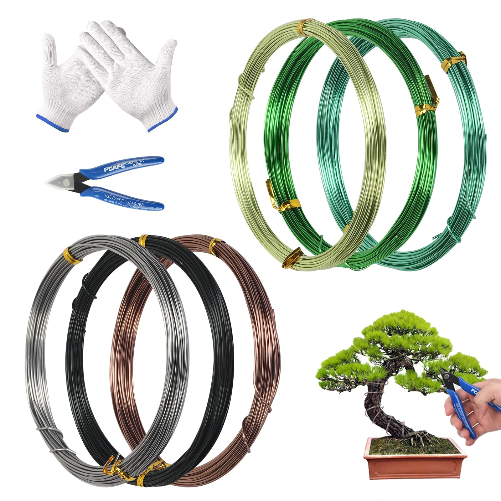 HONMOK 6 Rolls Bonsai Training Wire 1.0 mm Bonsai Wire kit for Bonsai Tree with Bonsai Wire Cutter Nylon Gloves Aluminium Garden Wire for Shaping Bonsai Branches and Small Trunks (10 M Per Roll)