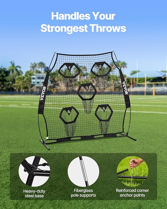 VEVOR 8 x 8 ft Football Trainer Throwing Net, Training Throwing Target Practice Net with 6 Target Pockets, Knotless Net Includes Straps and Portable Carry Case, Improve QB Throwing Accuracy