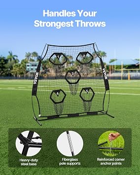 VEVOR 8 x 8 ft Football Trainer Throwing Net, Training Throwing Target Practice Net with 6 Target Pockets, Knotless Net Includes Straps and Portable Carry Case, Improve QB Throwing Accuracy