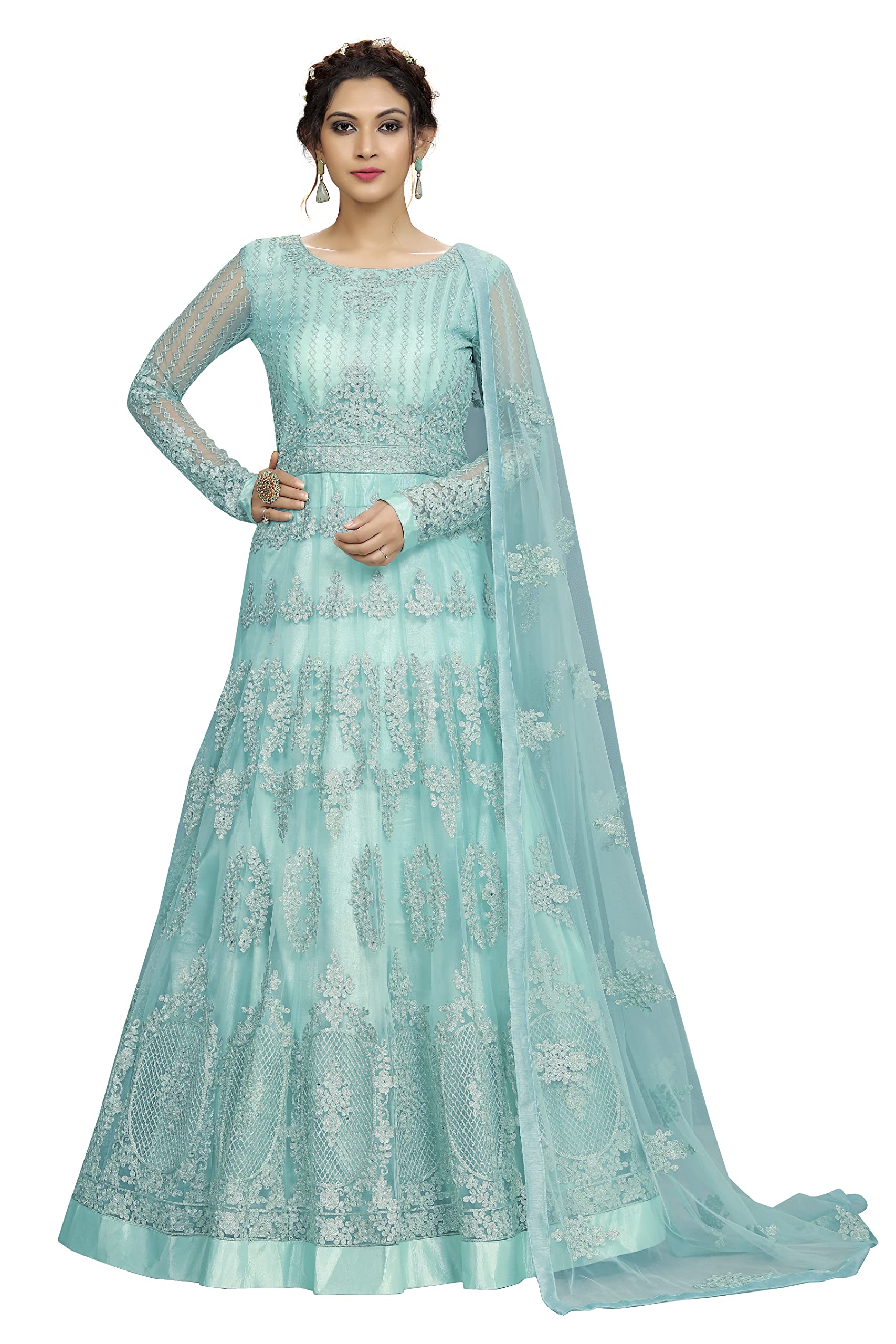 Trendmalls Anarkali Anarkali-Anzug-Set für Damen, Netz-Stickerei, indisches Pakistanisches Hochzeitskleid