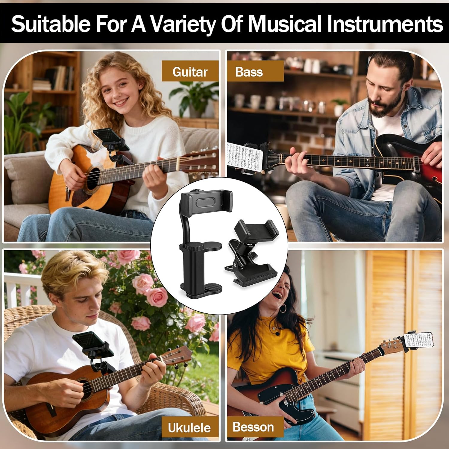Guitar Phone Holder, with Two Styles This Adjustable Rotatable Guitar Phone Mount Fits Guitars/Ukuleles (2.36"-4.13" Thick) It's The Perfect for Live-streamed Lessons and Lessons Recording