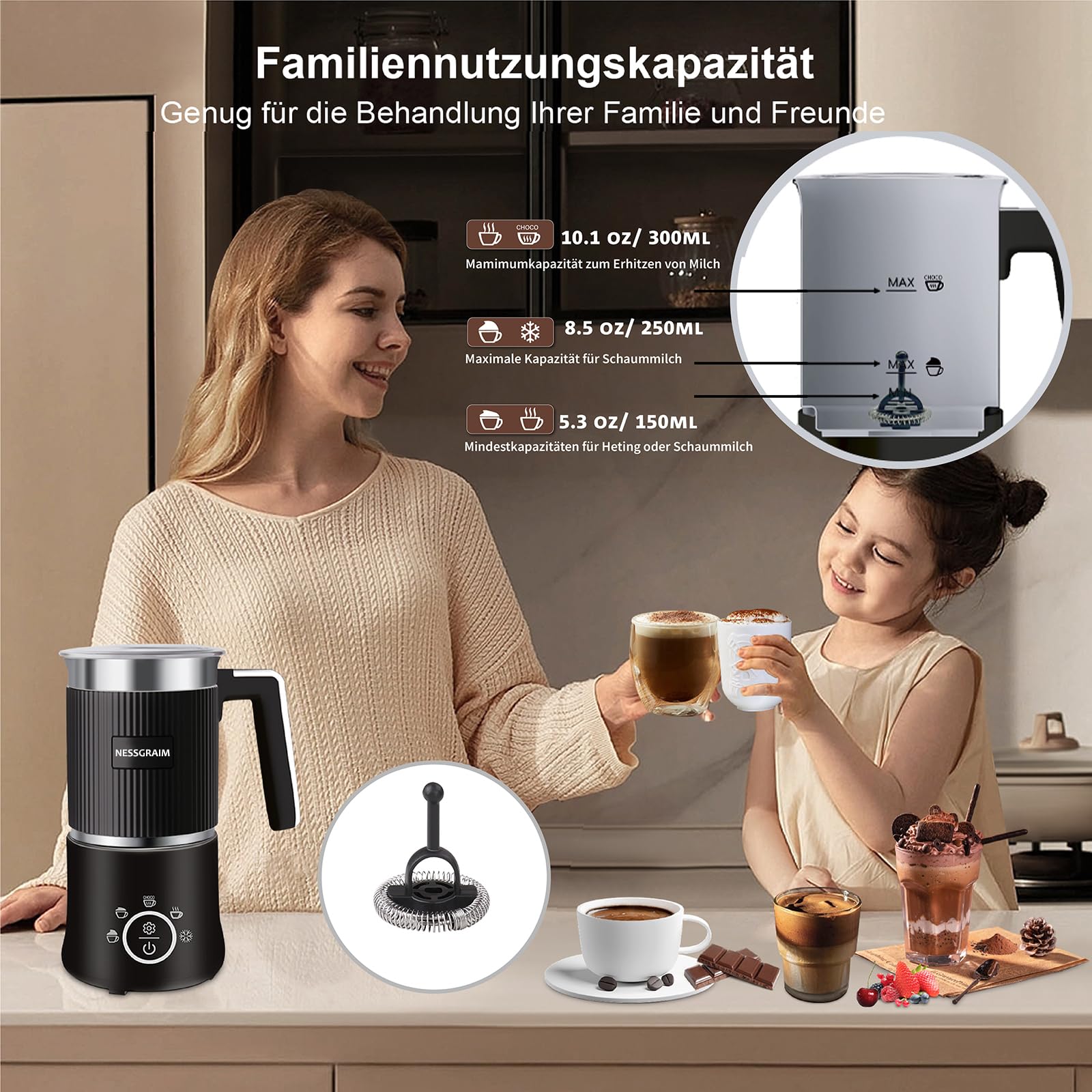 Milchaufschäumer Elektrisch 5-in-1, Milchschäumer Spülmaschinenfest mit Kakao Funktion für heißer Schokoladen, Heißer/Kalter Milchschaum, Warme Milch, 220V (Schwarz)
