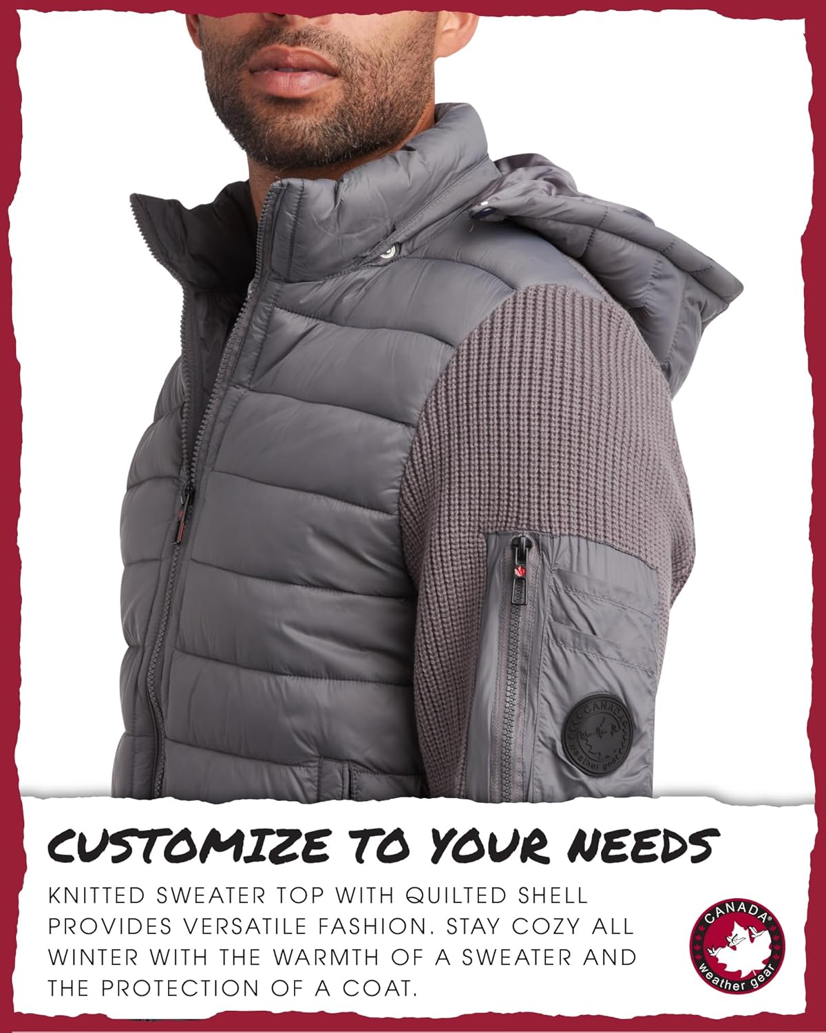 CANADA WEATHER GEAR Men's Quilted Sweater Vest - Water Resistant Full Zip Up Hooded Puffer Winter Jacket (Sizes: M-XXL)