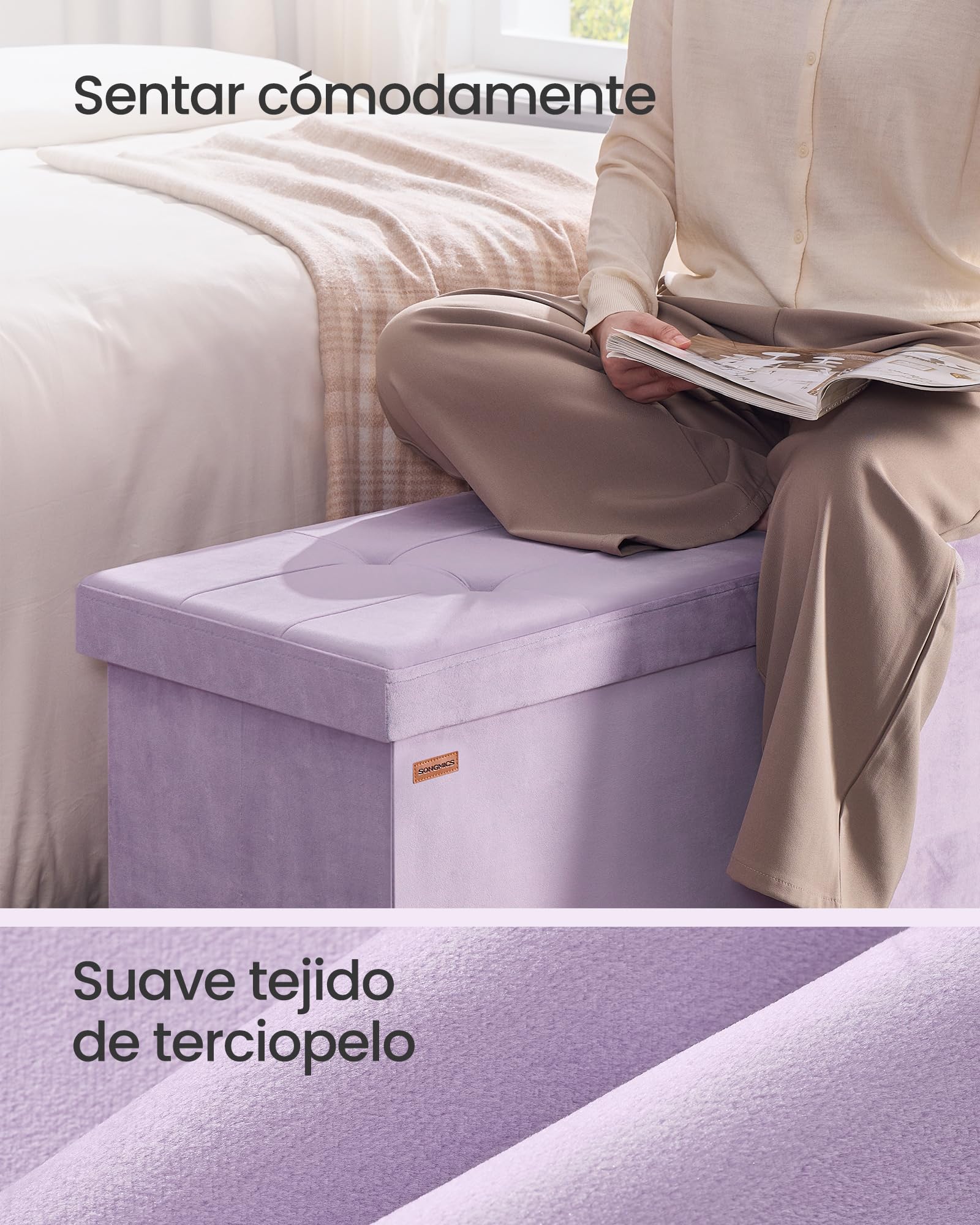 SONGMICS Puff Almacenaje, Baúl de Almacenaje Plegable, 38 x 110 x 38 cm, Taburete Reposapiés, Banco de Cubo, Soporta hasta 300 kg, para Sala de Estar, Dormitorio, Entrada, Lila Claro LSF277P01