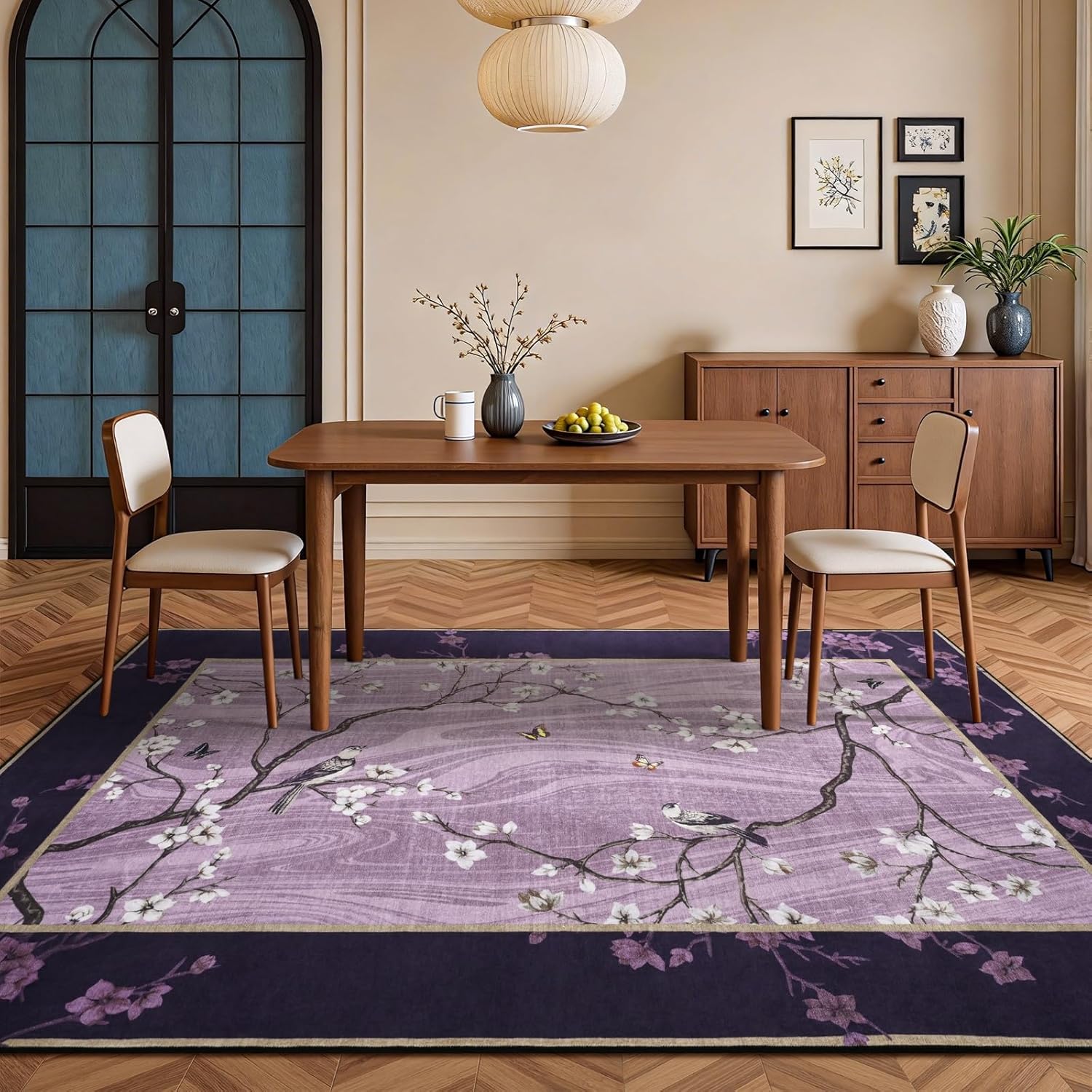 6x9 Area Rugs for Living Room Bedroom, Oriental Floral Birds Print Washable Rug, Soft Low Pile Non Slip Carpet for Dining Room Kids Room Farmhouse Office Home Decor, Purple