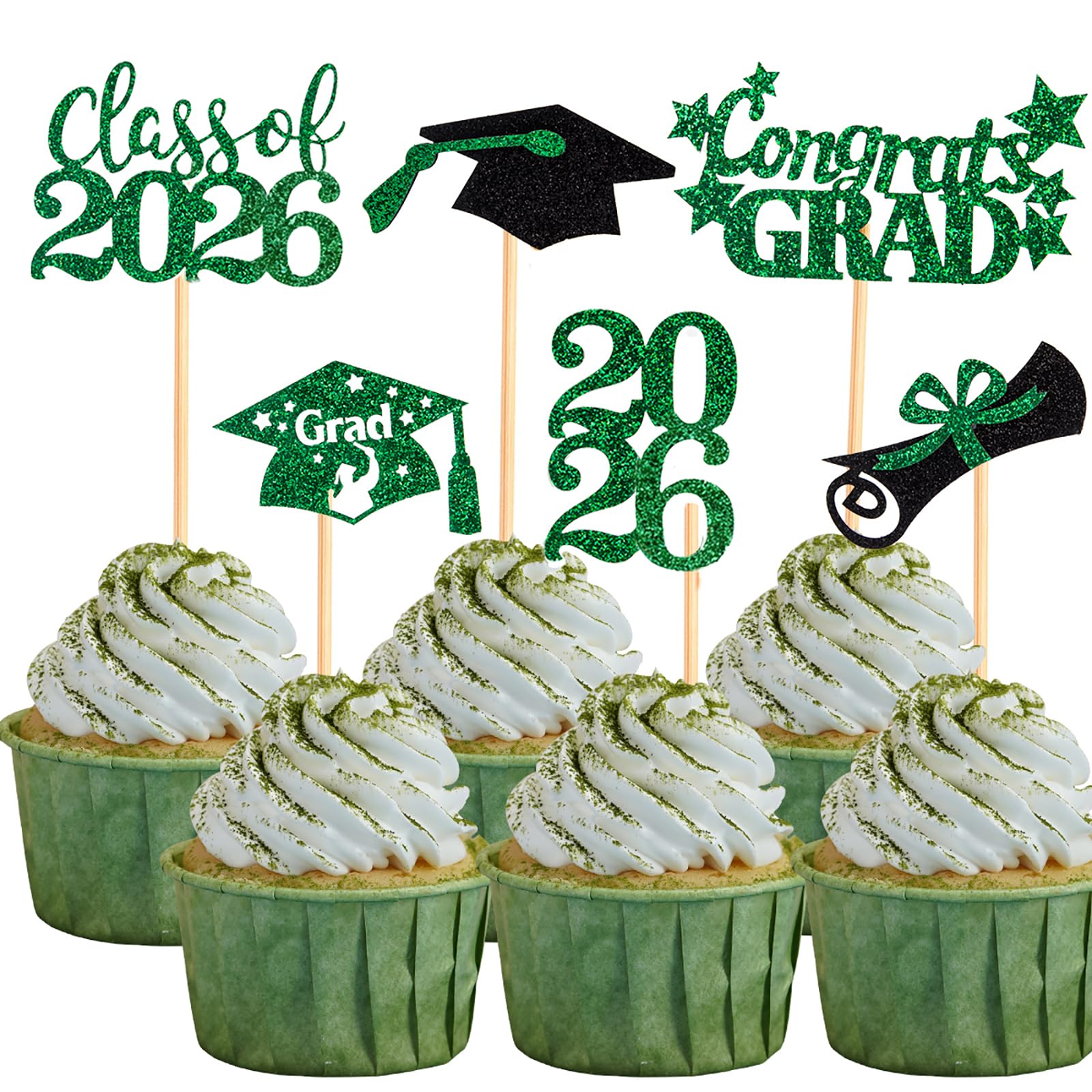 60 Pcs 2026 Graduation Cupcake Toppers,Glitter Class of 2026 Cupcake Toppers 2026 Congrats Grad Cap Diploma Cupcake Picks for Graduation Theme Party