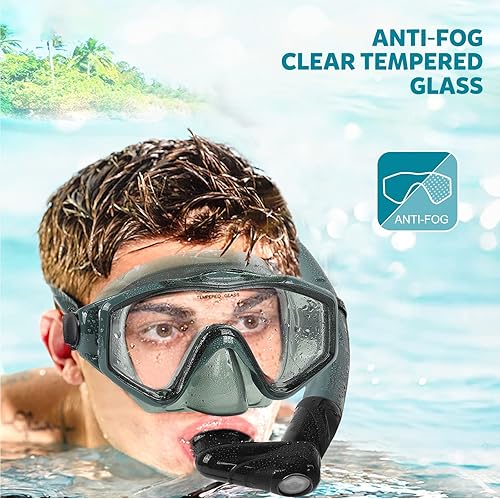 Miniatura 8 de KUYOU Aletas de máscara de buceo para adultos, máscara antivaho de visión amplia, juego de equipo de esnórquel superior seco completo