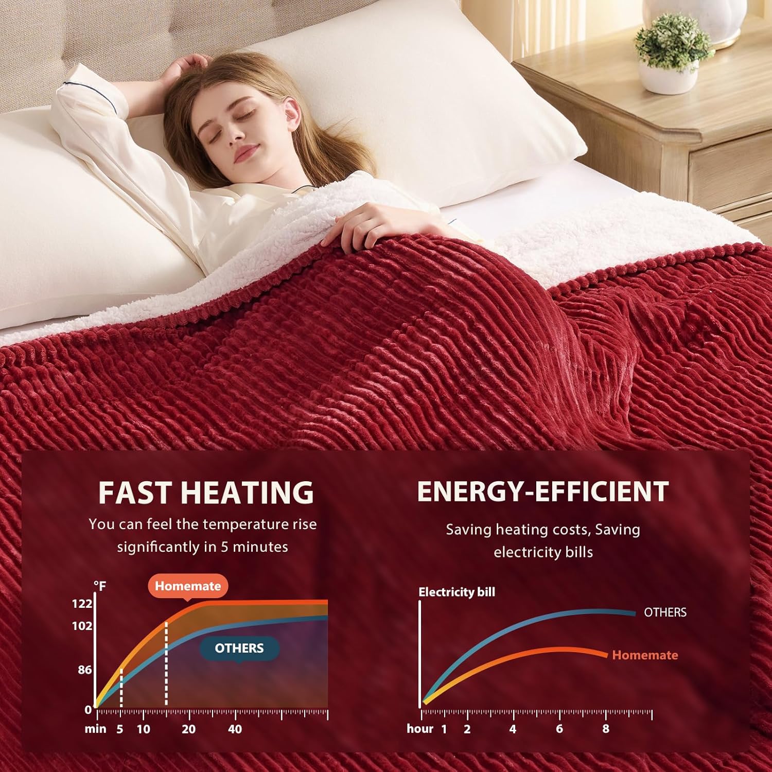 Homemate Electric Heated Blanket Queen Size - 84"x90" Heating Blanket Queen Size Dual Control 1/2/4/6/8 Hours Auto-Off 10 Heat Level Over-Heat Protection Soft Flannel Sherpa ETL Certification - Image 4